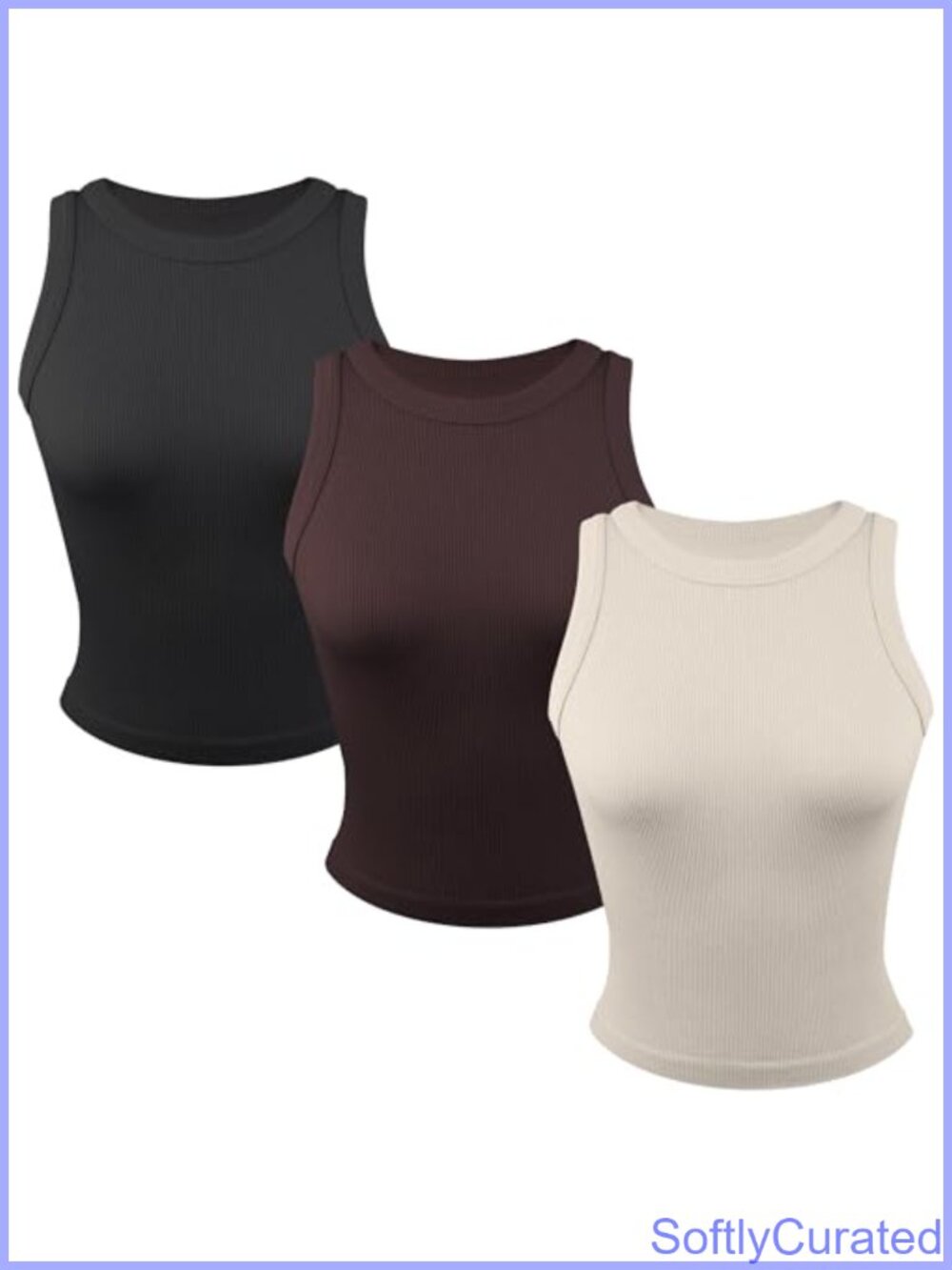 Ribbed Stretch Tank Tops for Women Crewneck Racerback Yoga Gym Layering 3 Pack